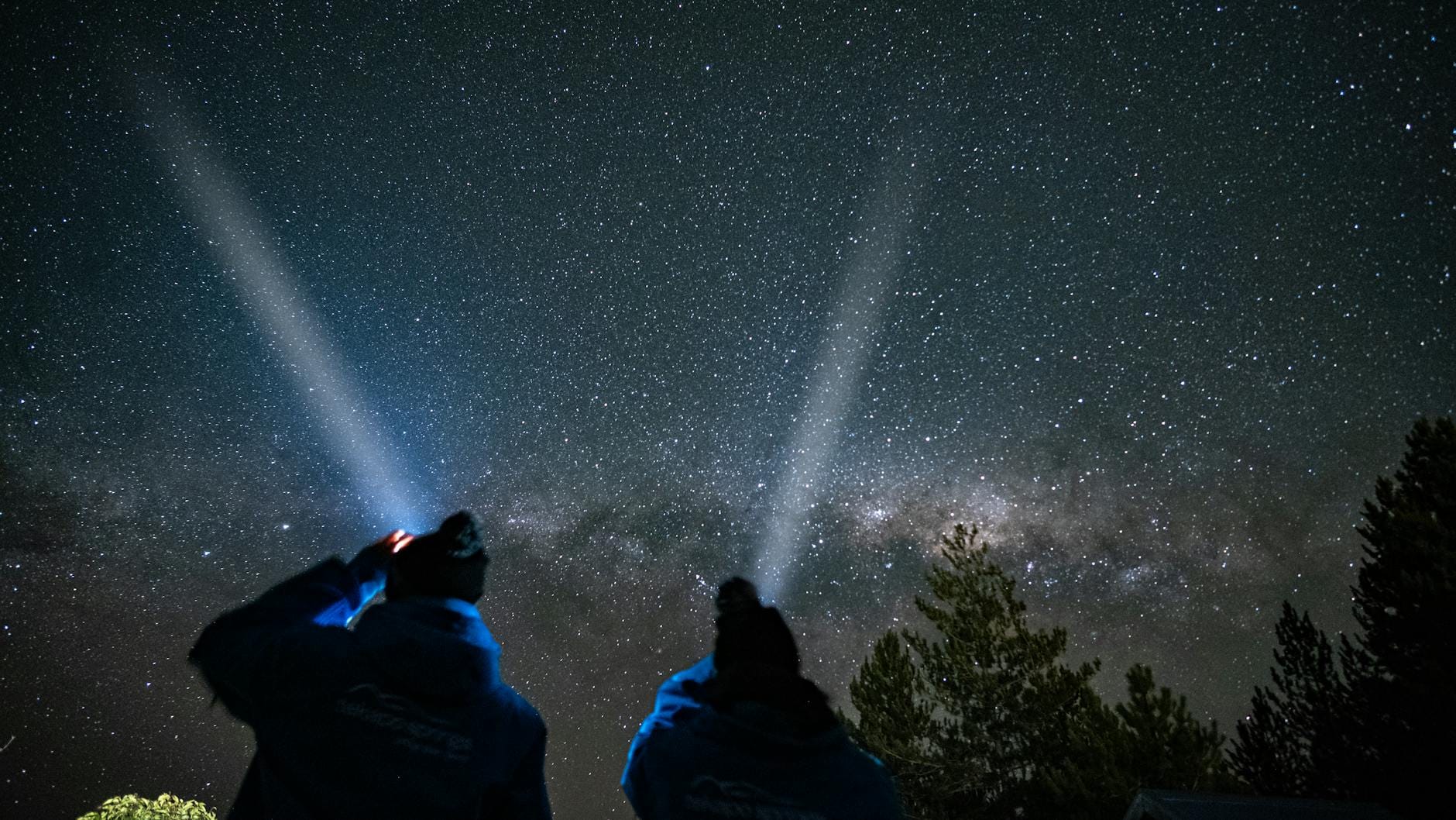 Dwie osoby obserwują nocne niebo z latarkami wśród leśnej natury